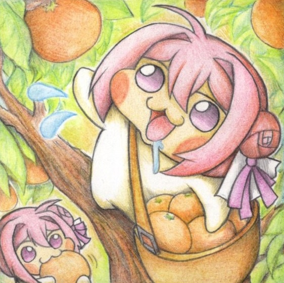 オレンジを収穫するDoroの色紙イラスト 原画