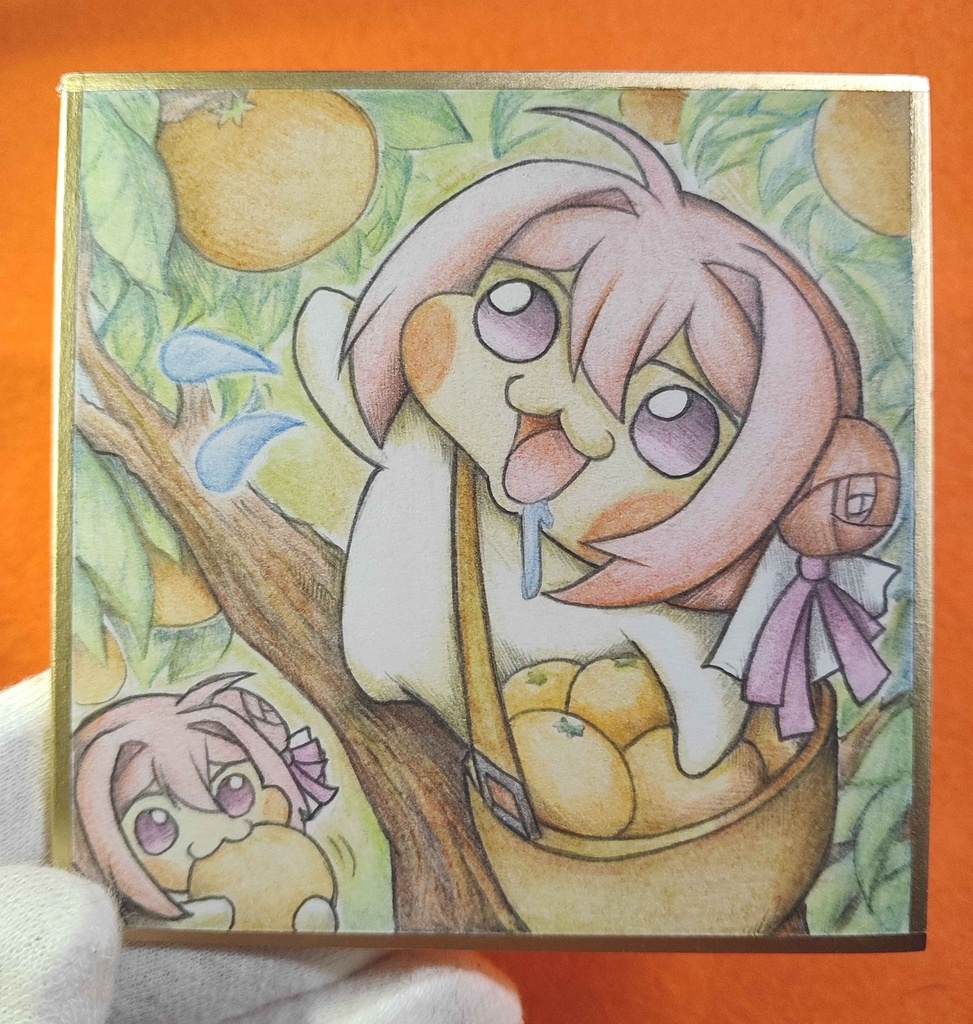 オレンジを収穫するDoroの色紙イラスト 原画