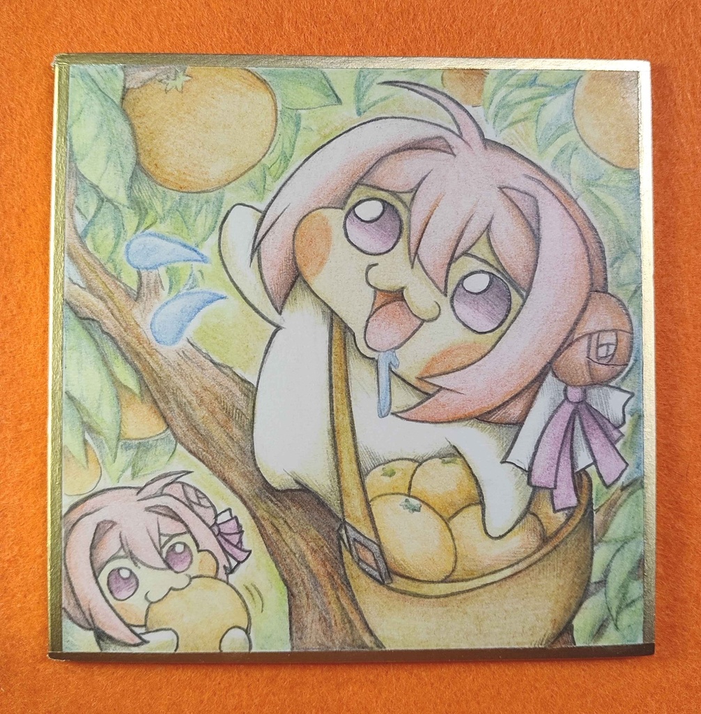 オレンジを収穫するDoroの色紙イラスト 原画