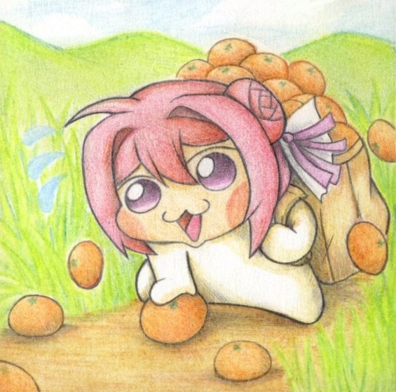 オレンジを拾うDoroの色紙イラスト 原画