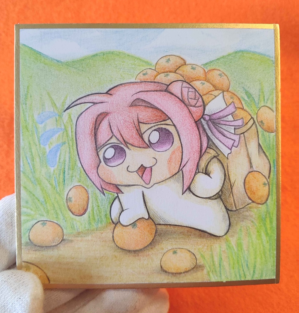 オレンジを拾うDoroの色紙イラスト 原画