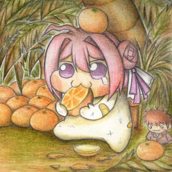 オレンジを食べるDoroの色紙イラスト 原画