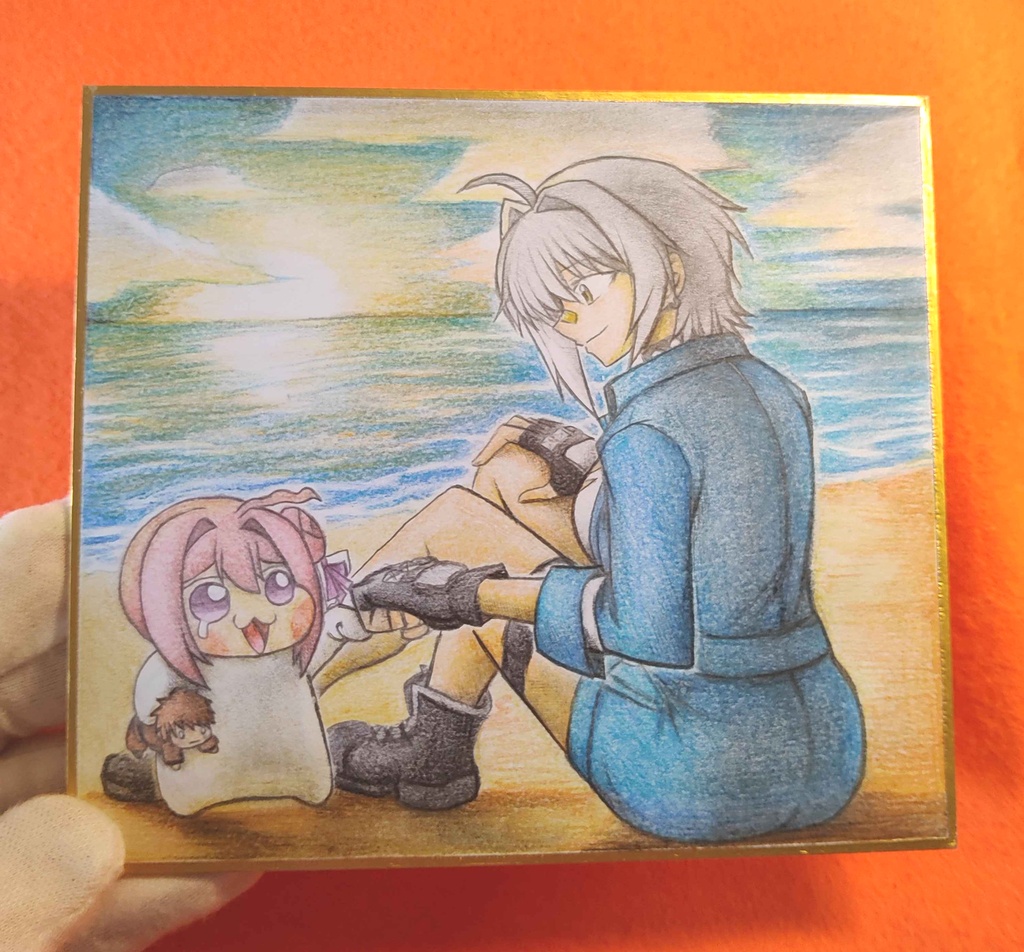 グータッチするモリーとDoroの色紙イラスト 原画