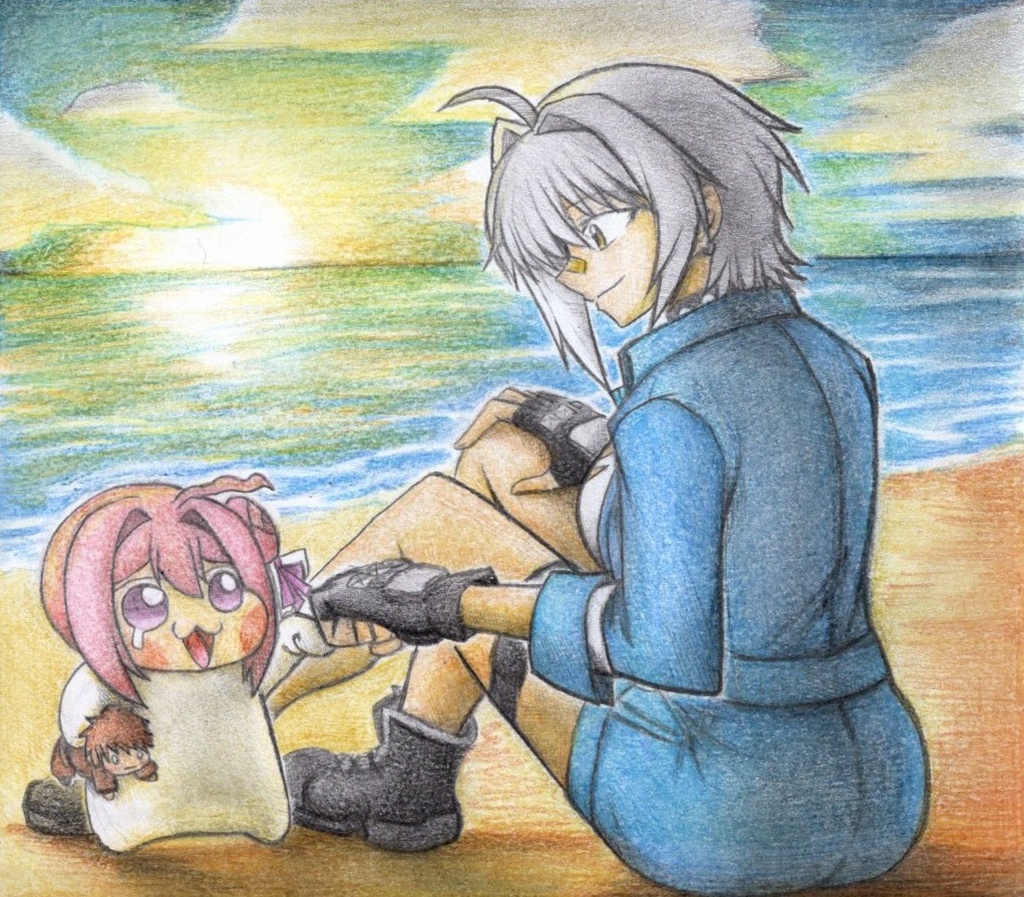 グータッチするモリーとDoroの色紙イラスト 原画