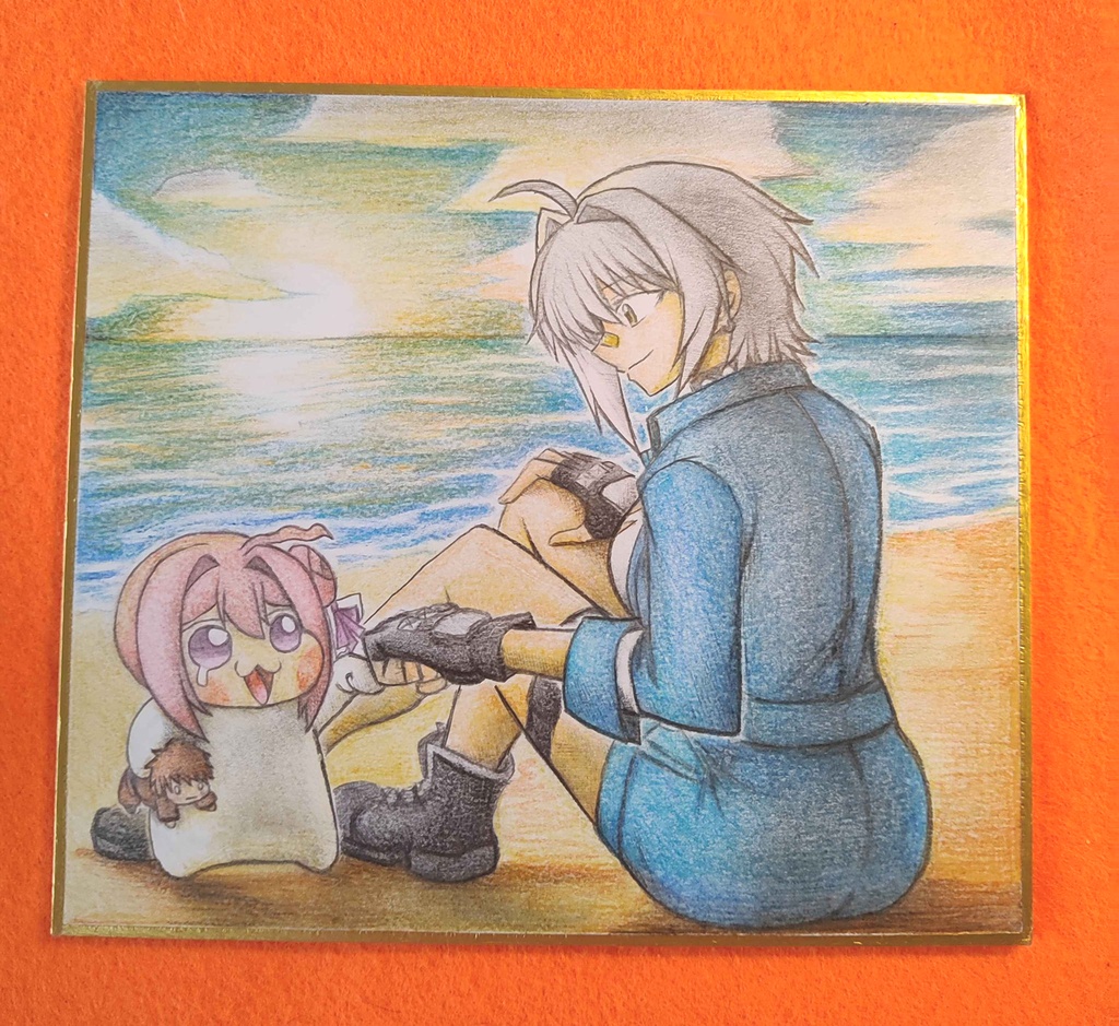 グータッチするモリーとDoroの色紙イラスト 原画