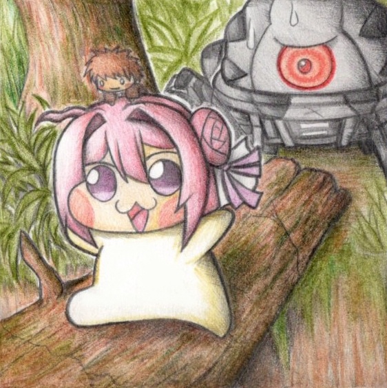 丸太の上を歩くDoroの色紙イラスト 原画