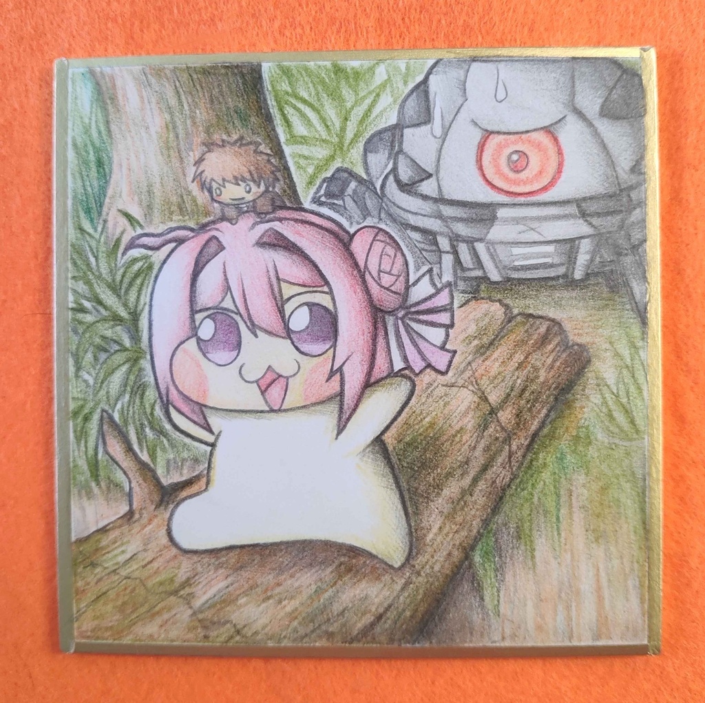 丸太の上を歩くDoroの色紙イラスト 原画