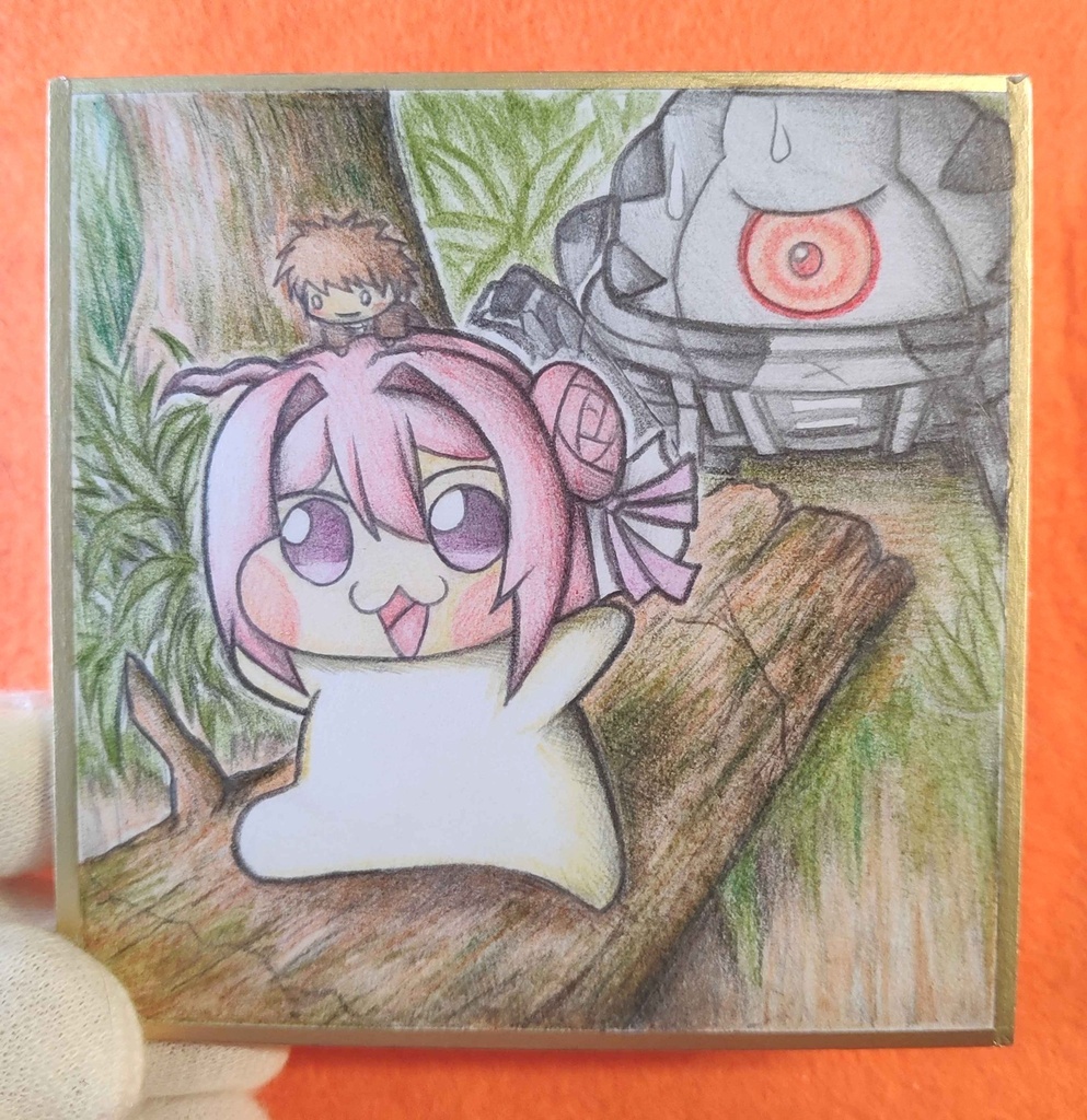 丸太の上を歩くDoroの色紙イラスト 原画