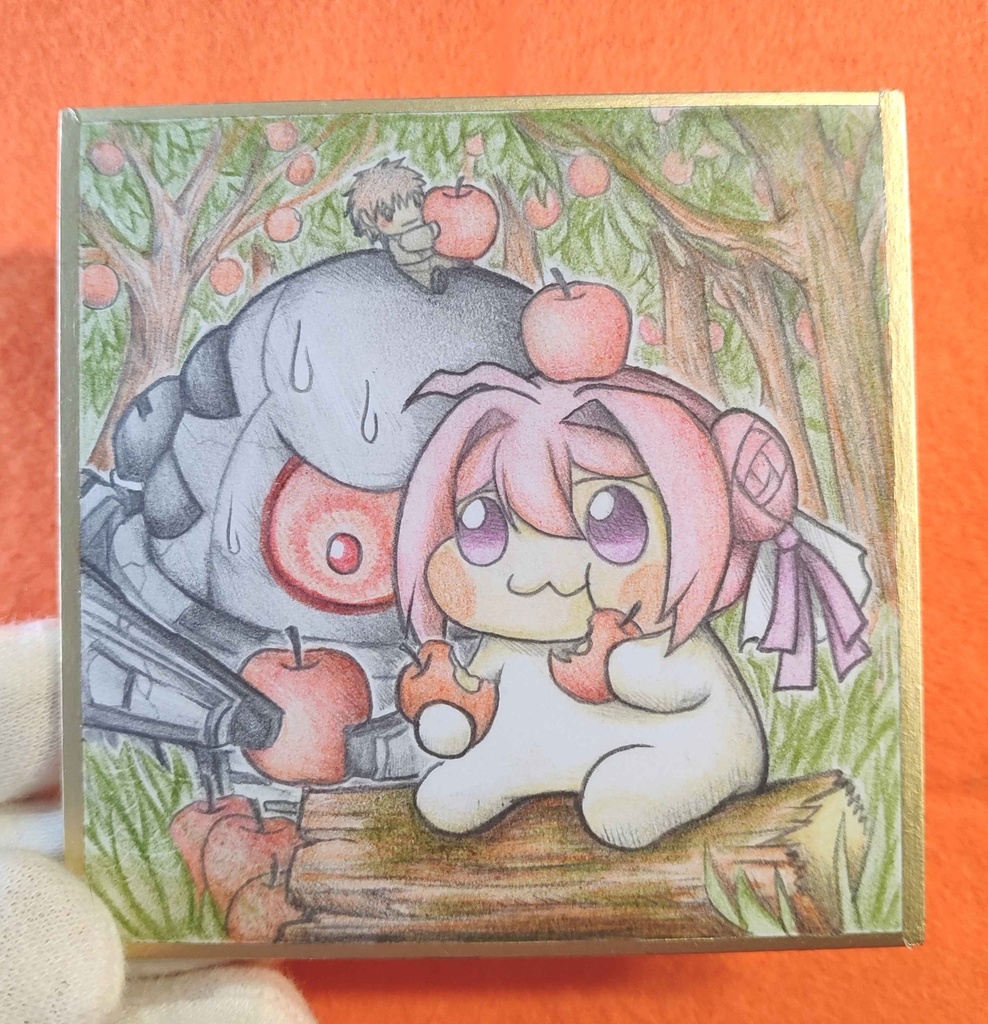 リンゴを食べるDoro達の色紙イラスト 原画