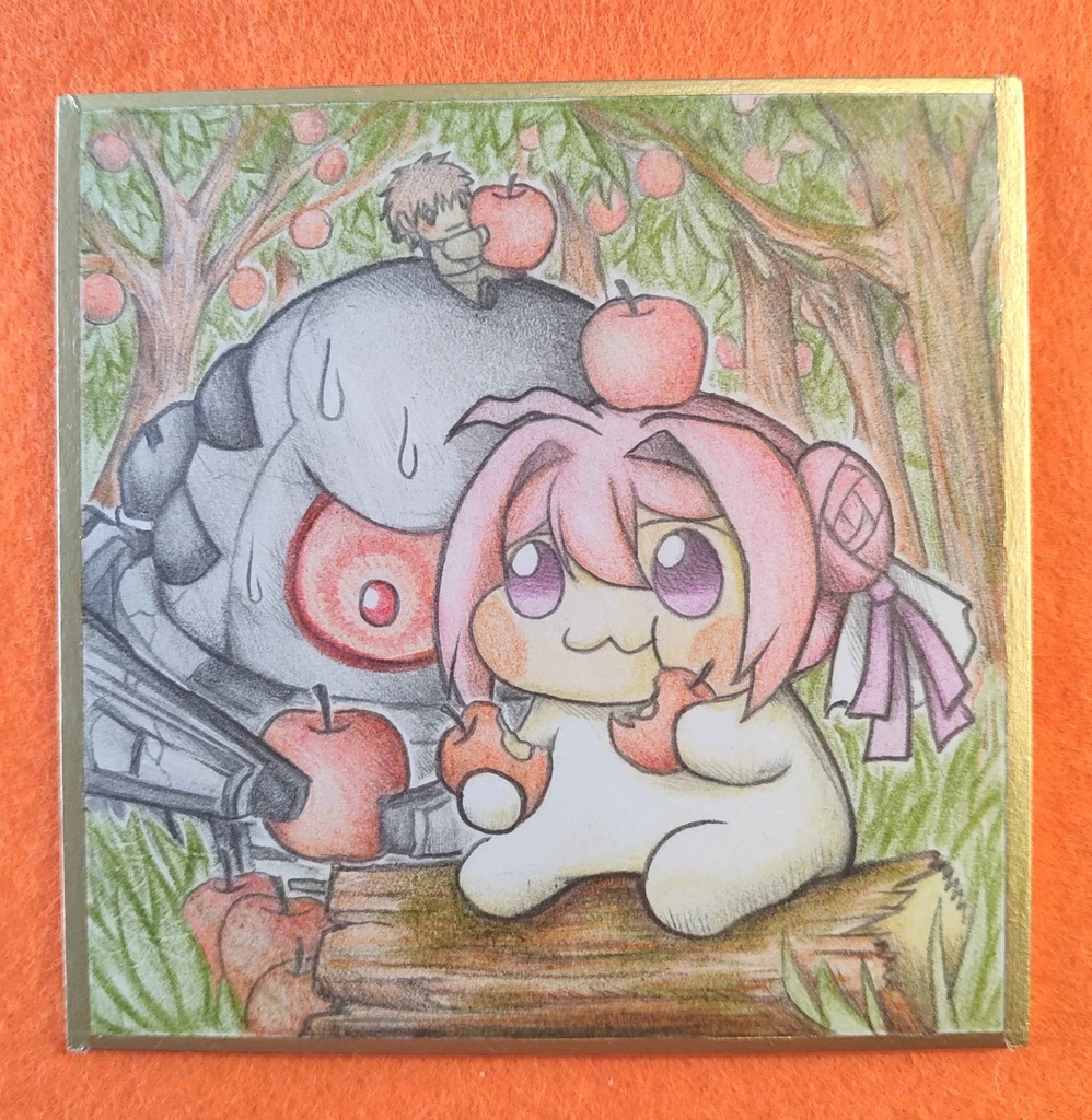 リンゴを食べるDoro達の色紙イラスト 原画