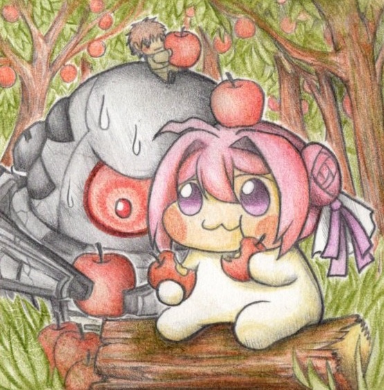 リンゴを食べるDoro達の色紙イラスト 原画