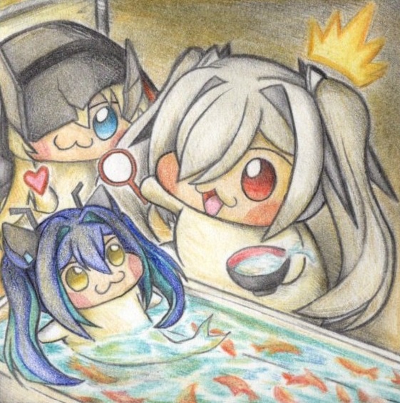 金魚すくいをするシンDoroラの色紙イラスト 原画
