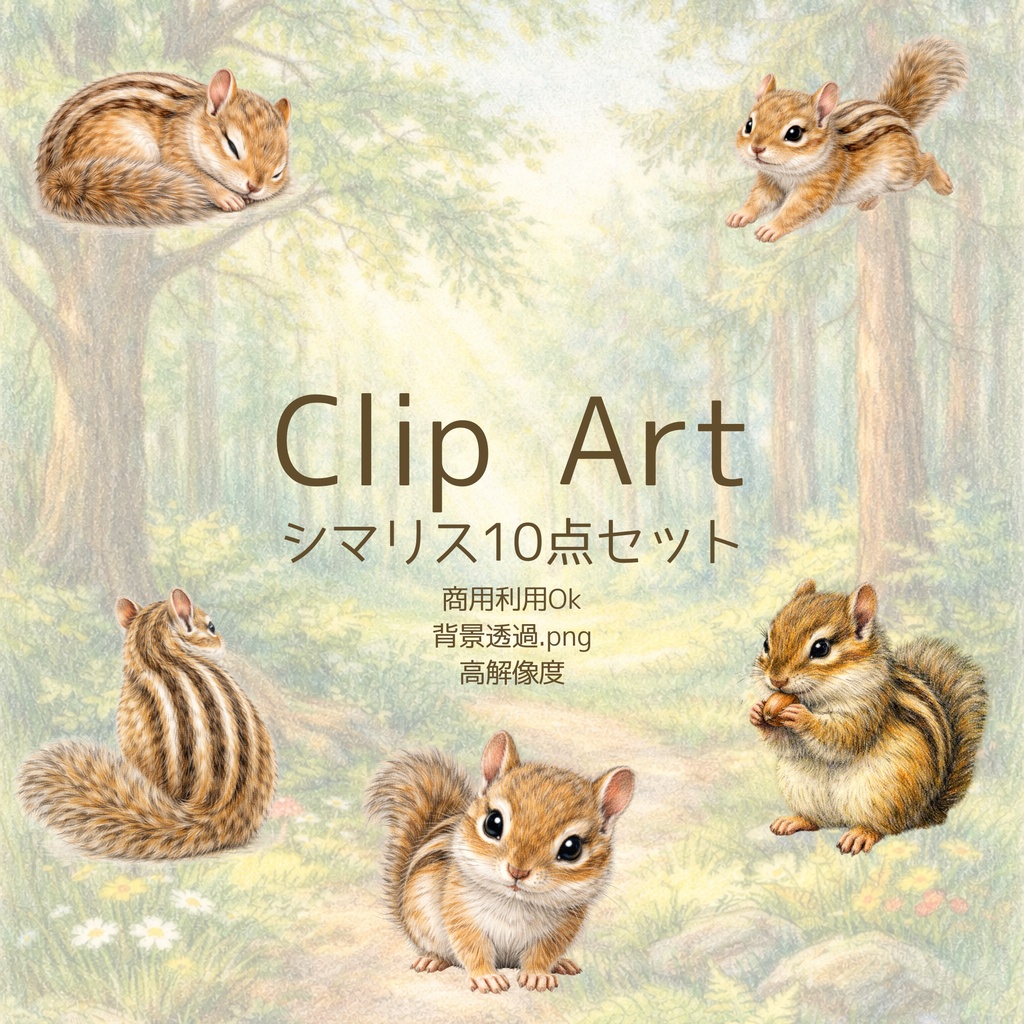 かわいいシマリス素材集｜手描き風・背景透過PNG