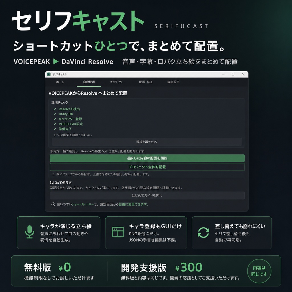  VOICEPEAK・DaVinci Resolve連携ツール-セリフキャスト