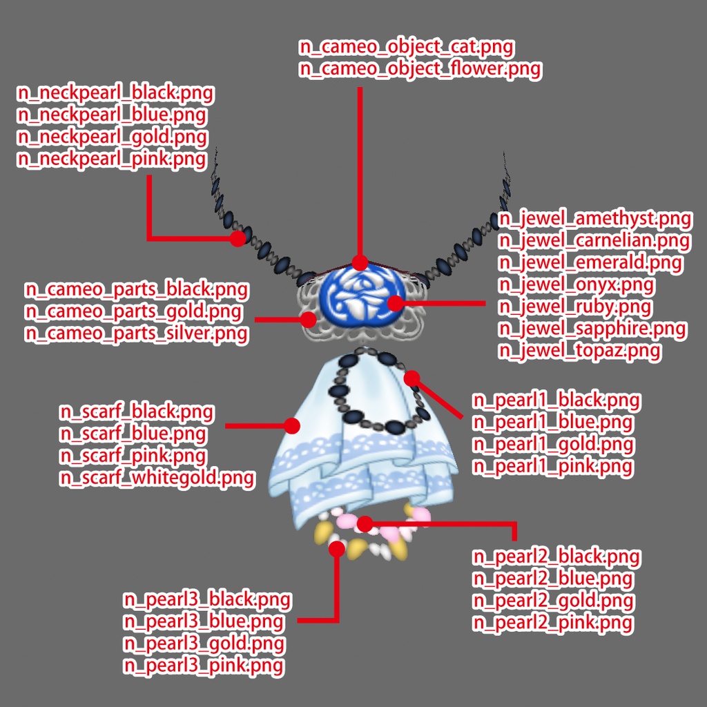 【無料あり】カメオ風ブローチつきレースリボン&スカーフ【VRoid β版/正式版 両対応】