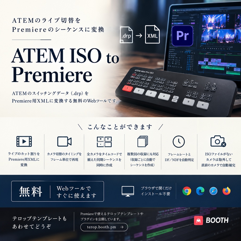 【無料】ATEM ISO to Premiere|ATEMのライブ切替をPremiereのシーケンスに変換