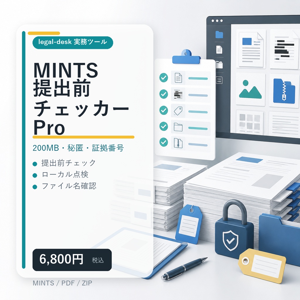 MINTS提出前チェッカー Pro|200MB・秘匿・証拠番号・ファイル名をローカル点検