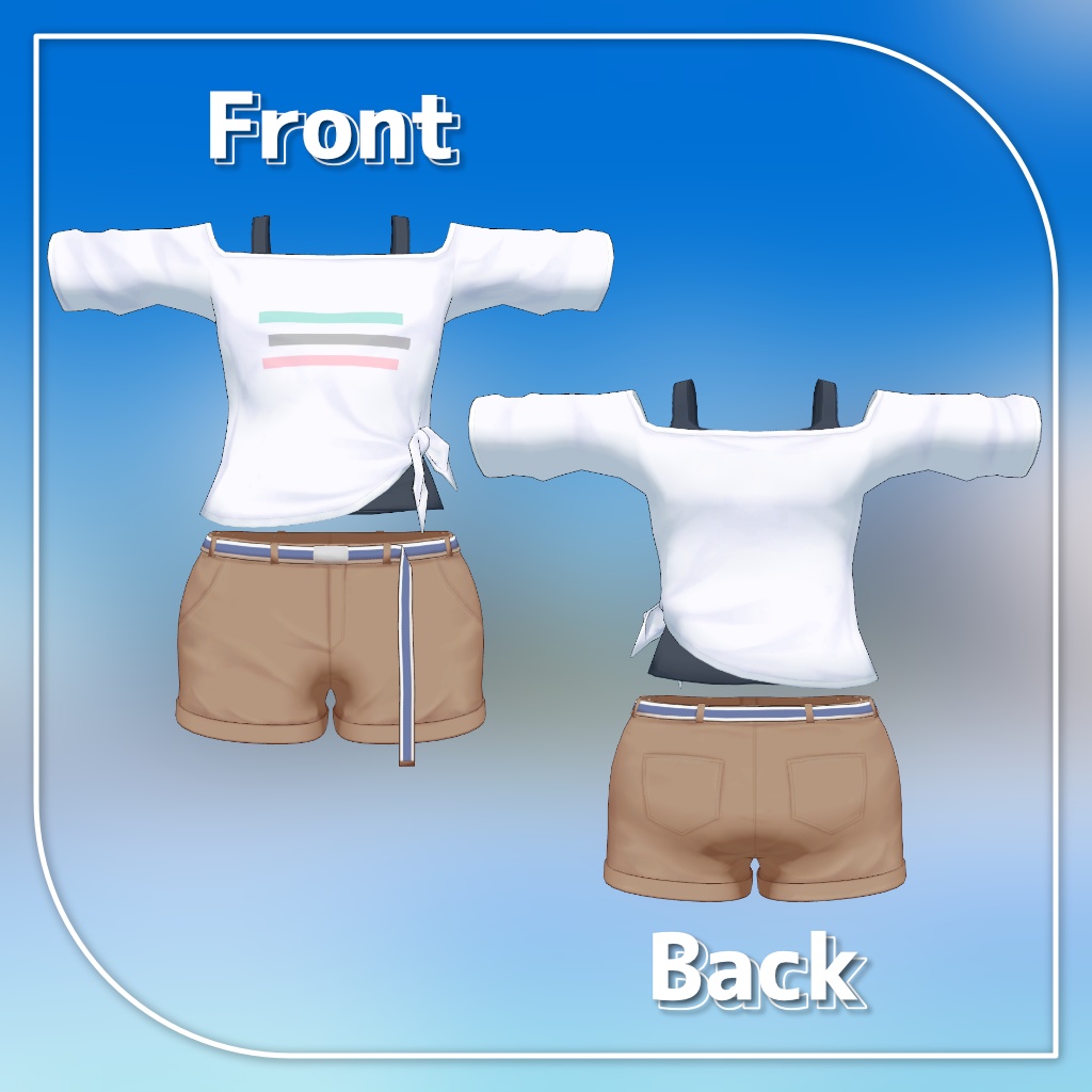 【9アバター対応】裾結びオフショルダーシャツ+ショートパンツ【PB設定済み】
