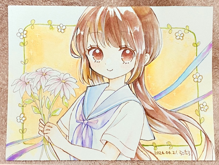 【フレームレス原画】セーラーちゃんとお花 ラフ付き