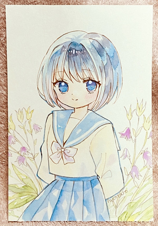 【フレームレス原画】青色セーラーちゃんとピンクの小花 ラフ付き