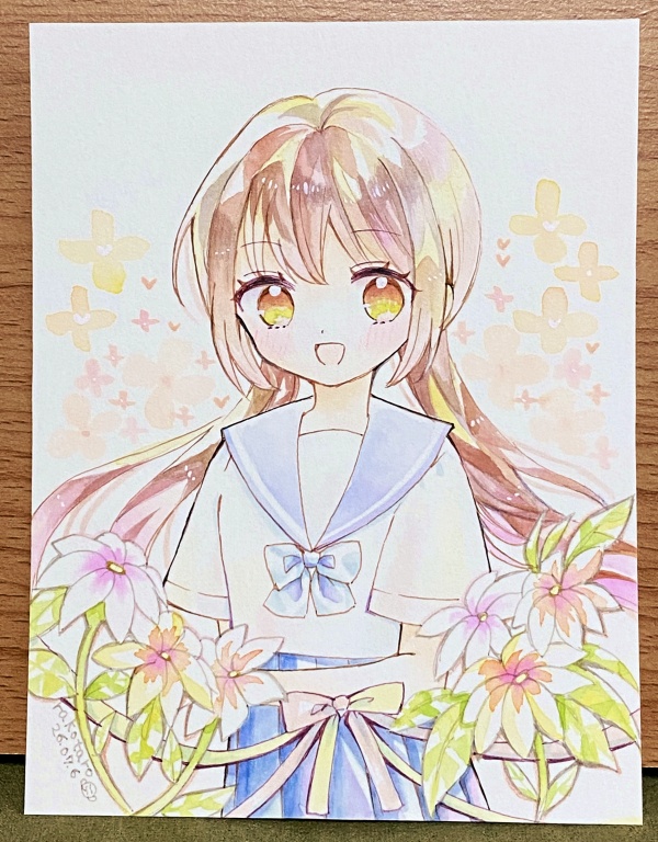 【フレームレス原画】お花がいっぱいのセーラーちゃん ラフ付き