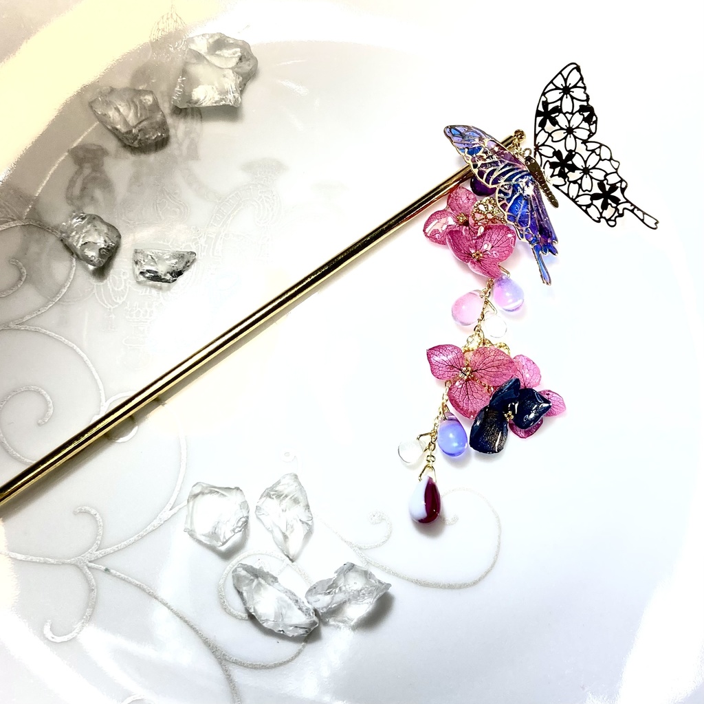 蝶々と紫陽花の簪