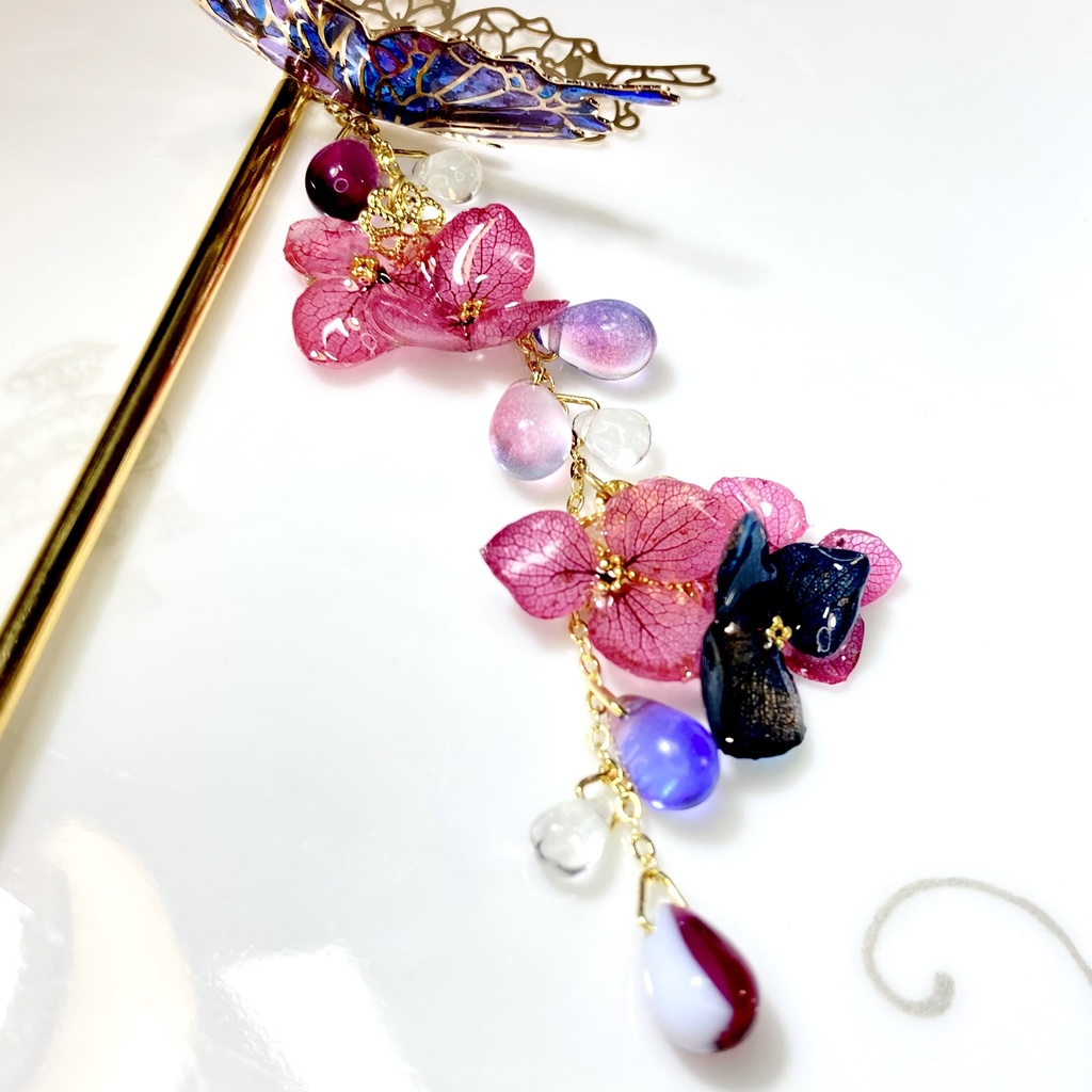 蝶々と紫陽花の簪