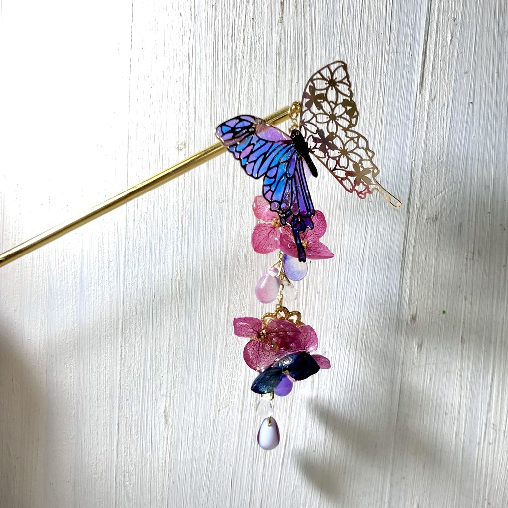 蝶々と紫陽花の簪