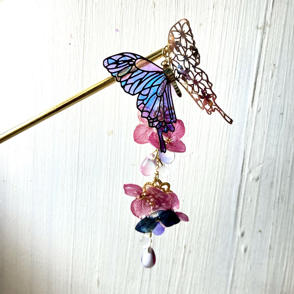 蝶々と紫陽花の簪