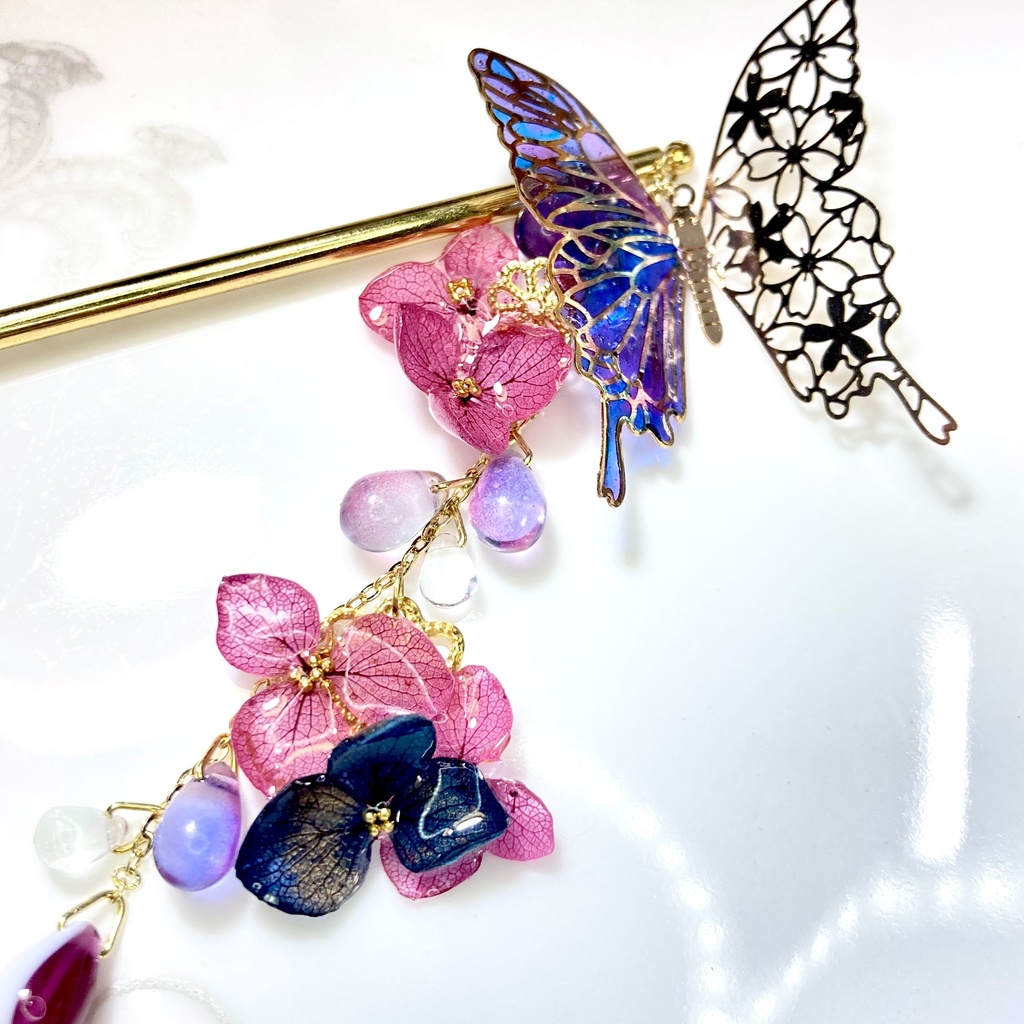 蝶々と紫陽花の簪