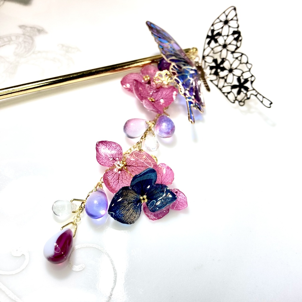 蝶々と紫陽花の簪