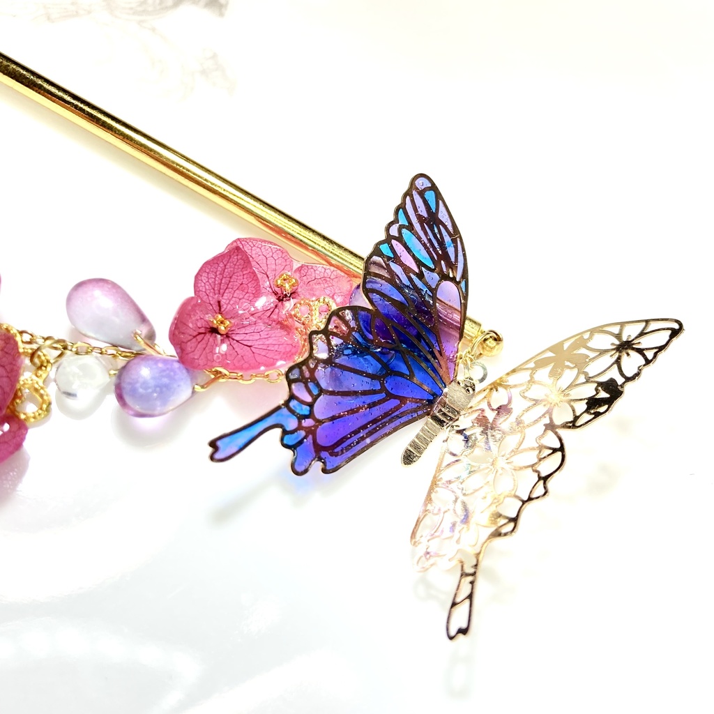 蝶々と紫陽花の簪