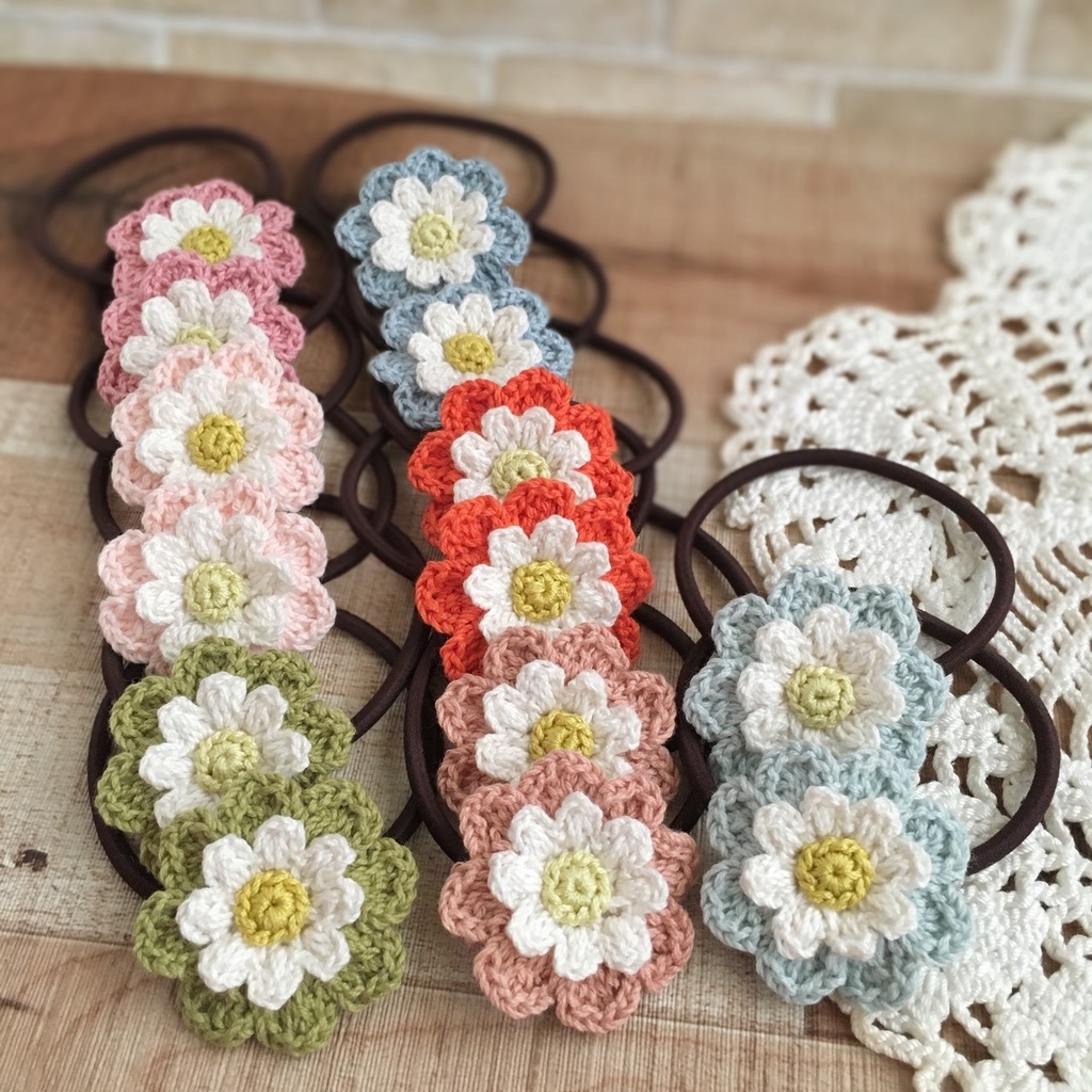 【小さめサイズ】選べる!コットン糸で編むナチュラル雰囲気のお花ヘアゴム