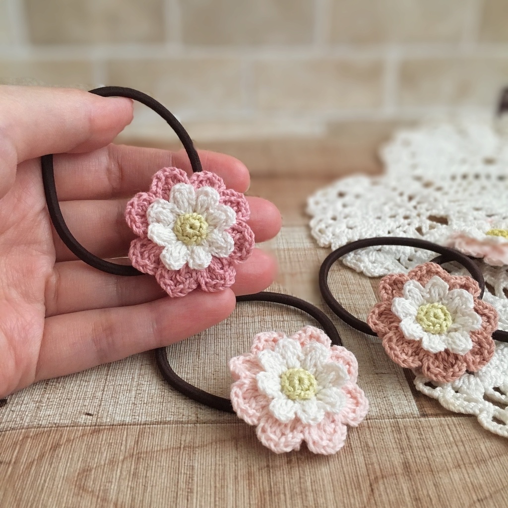 【小さめサイズ】選べる!コットン糸で編むナチュラル雰囲気のお花ヘアゴム