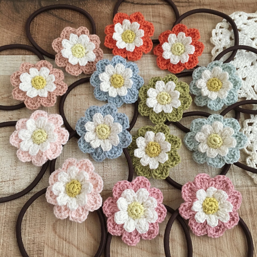 【小さめサイズ】選べる！コットン糸で編むナチュラル雰囲気のお花ヘアゴム