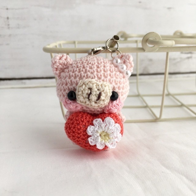 赤色ハート・淡ピンク色ブタさん*鈴付きイヤホンジャックストラップ