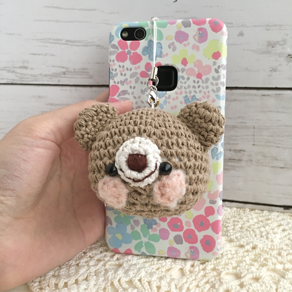 鞄や鍵の目印に♪定番|安定ナチュラル★カフェオレ色クマ&うさぎ♡顔【大】鈴付イヤホンジャック|ストラップ|ボールチェーン