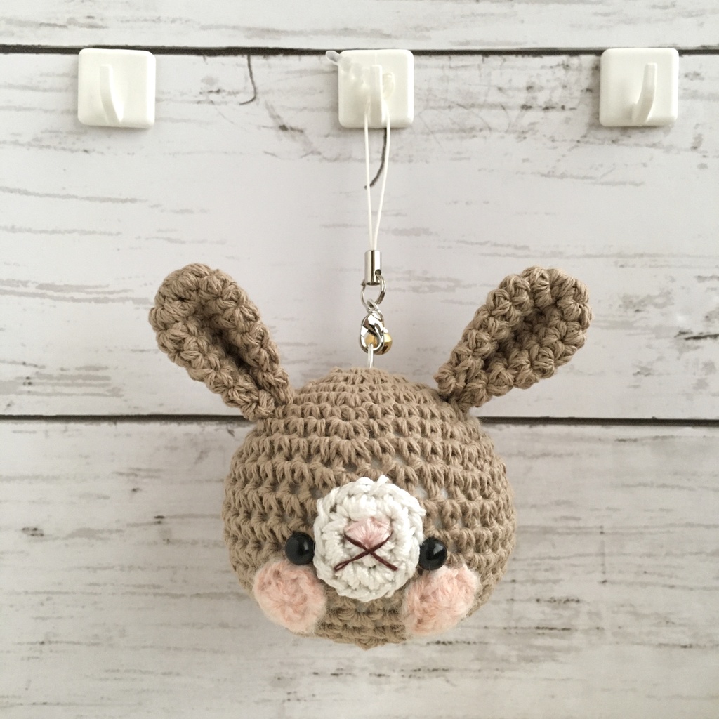 鞄や鍵の目印に♪定番|安定ナチュラル★カフェオレ色クマ&うさぎ♡顔【大】鈴付イヤホンジャック|ストラップ|ボールチェーン