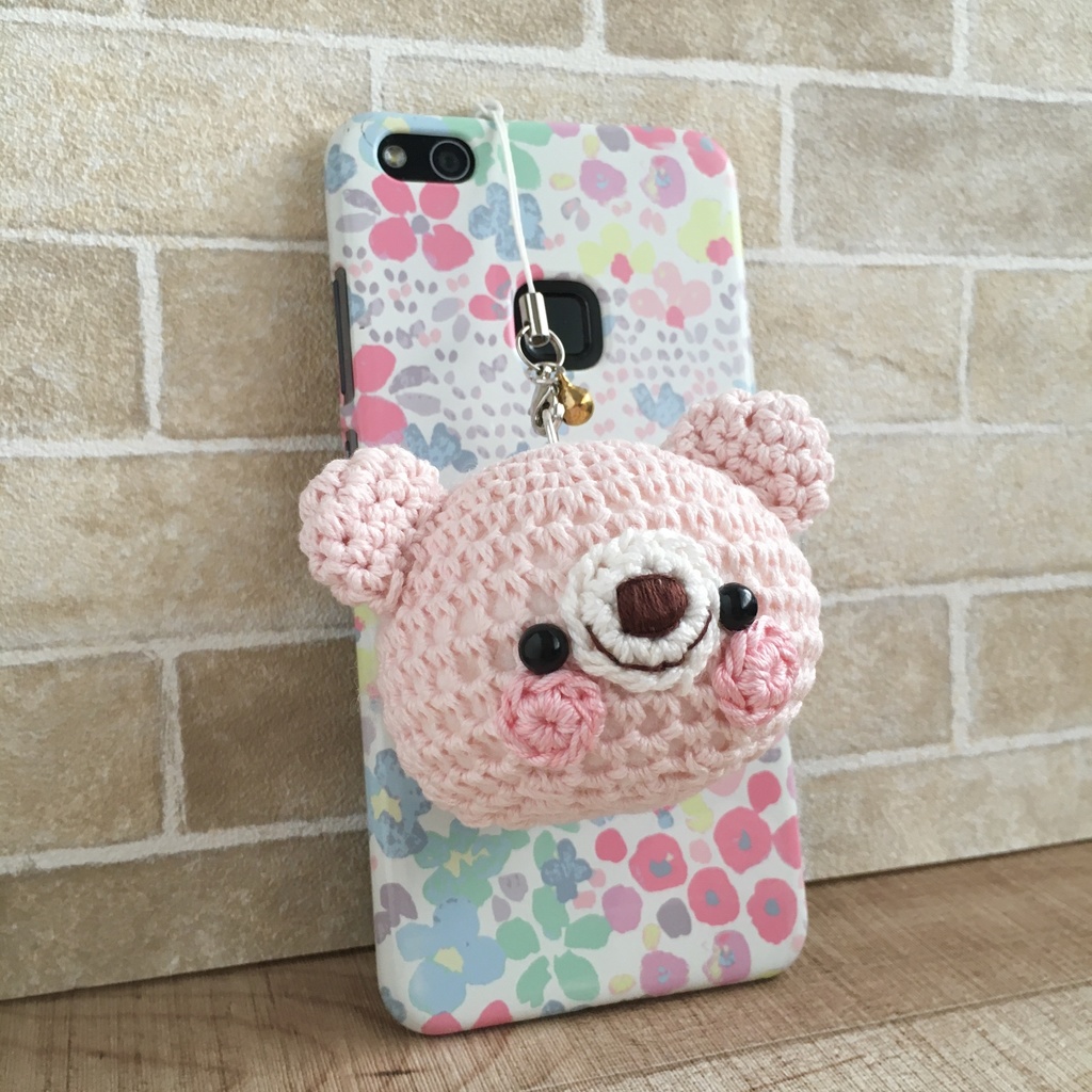 \New!/大きなお顔が持ち物の目印に最適♪淡ピンク色うさぎクマ顔【大】鈴付イヤホンジャック|ストラップ|ボールチェーン