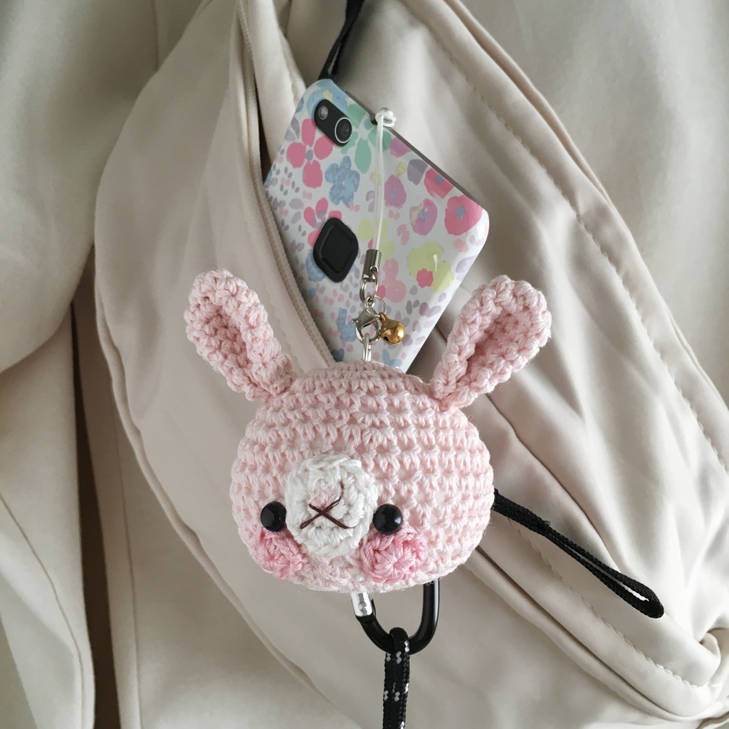 \New!/大きなお顔が持ち物の目印に最適♪淡ピンク色うさぎクマ顔【大】鈴付イヤホンジャック|ストラップ|ボールチェーン