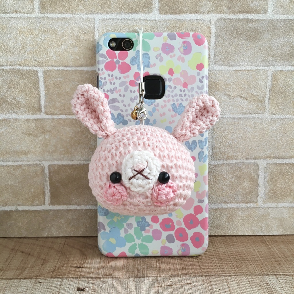 \New!/大きなお顔が持ち物の目印に最適♪淡ピンク色うさぎクマ顔【大】鈴付イヤホンジャック|ストラップ|ボールチェーン