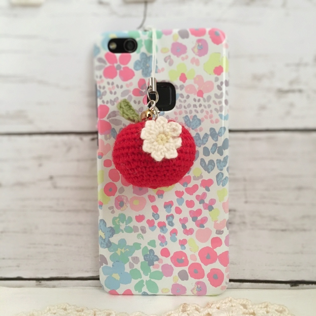 【中サイズ/ウール】 New!花付き青りんご・鈴付きストラップ