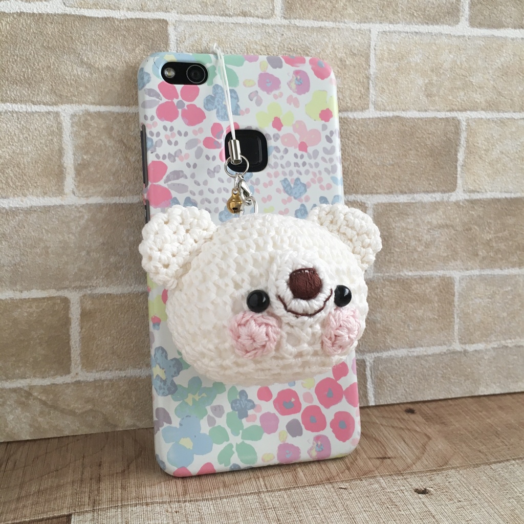 \New!/大きなお顔が持ち物の目印に♪うちの子!白色うさぎクマ顔【大】鈴付イヤホンジャック|ストラップ|ボールチェーン