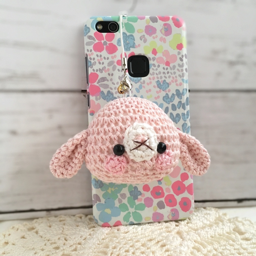 優しい淡ピンク色ロップイヤー!大きなお顔が持ち物の目印に最適♪【大】鈴付きイヤホンジャック|ストラップ|ボールチェーン