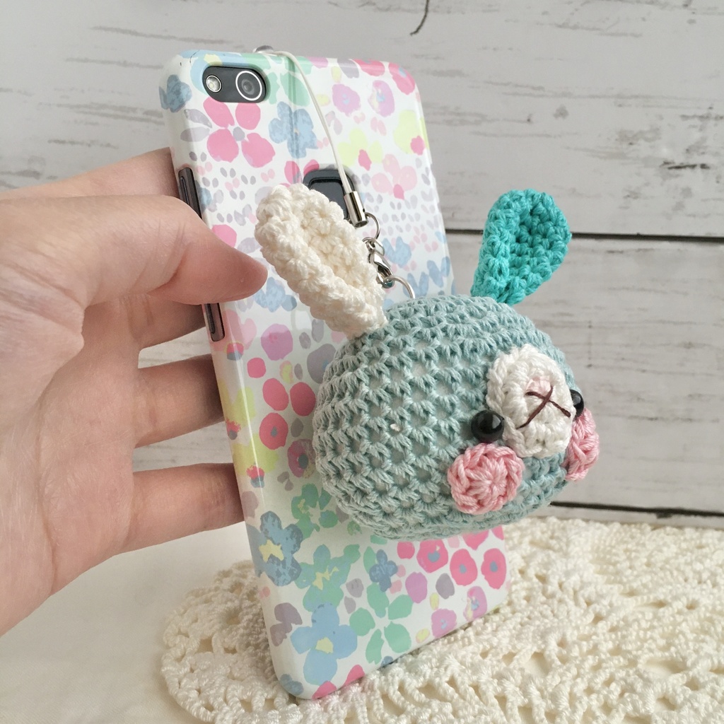 春夏|夏を感じる♪さわやかで涼しげなブルー系3色うさぎさんの顔【大】鈴付きイヤホンジャック|ストラップ|ボールチェーン