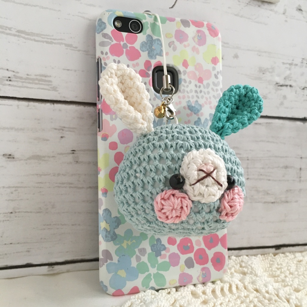 春夏|夏を感じる♪さわやかで涼しげなブルー系3色うさぎさんの顔【大】鈴付きイヤホンジャック|ストラップ|ボールチェーン