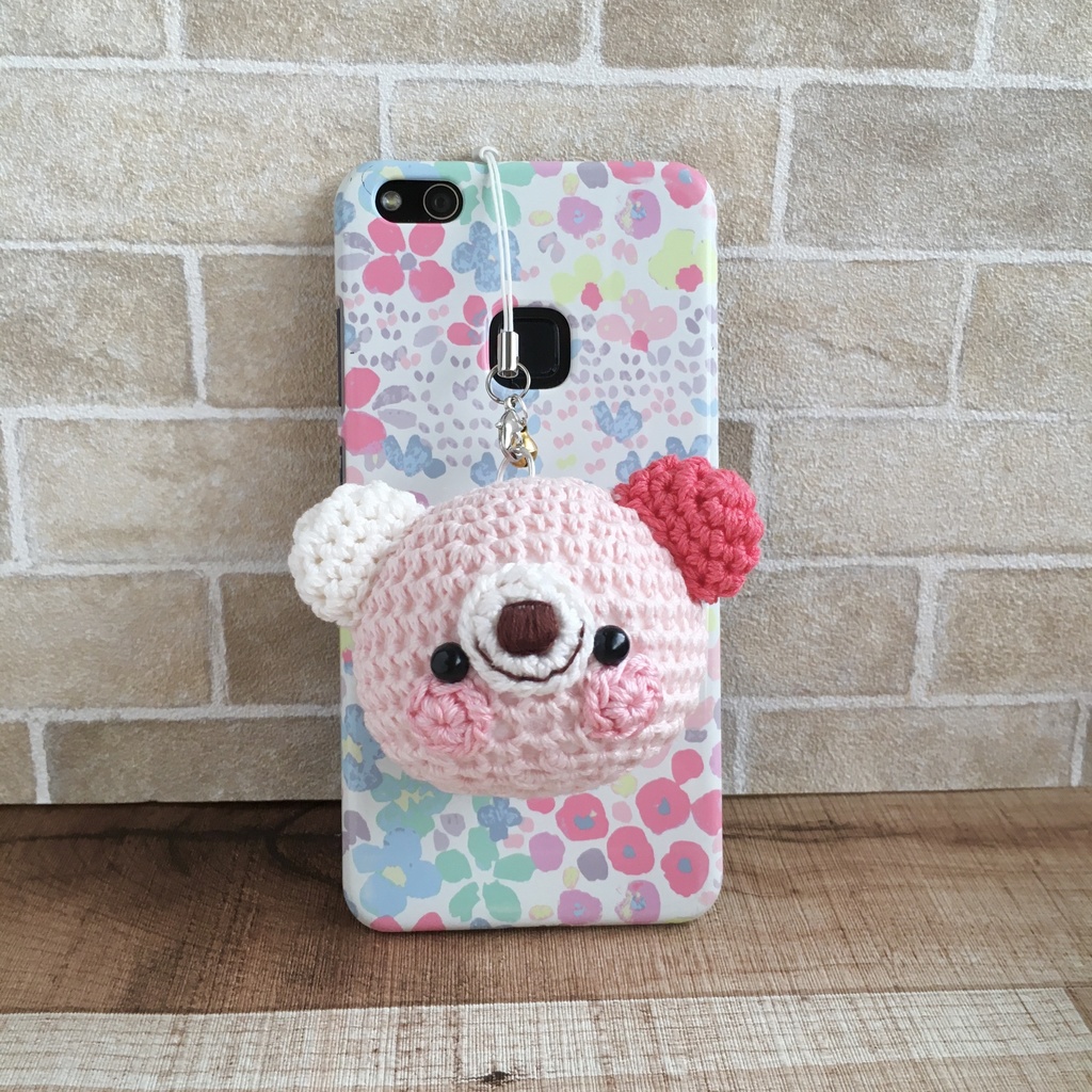 大きなお顔が持ち物の目印に最適♪淡ピンク×コーラル色うさぎクマ顔【大】鈴付イヤホンジャック|ストラップ|ボールチェーン