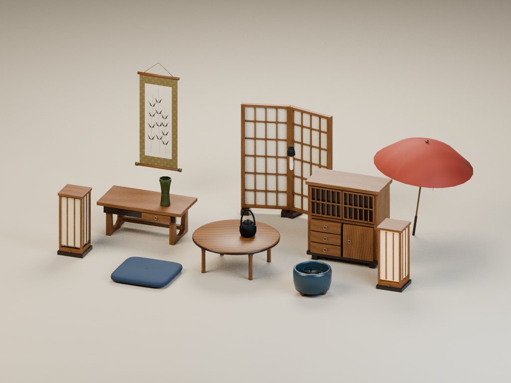和室の小物パック 13種セット 4色カラバリ付き【ローポリ3Dモデル】