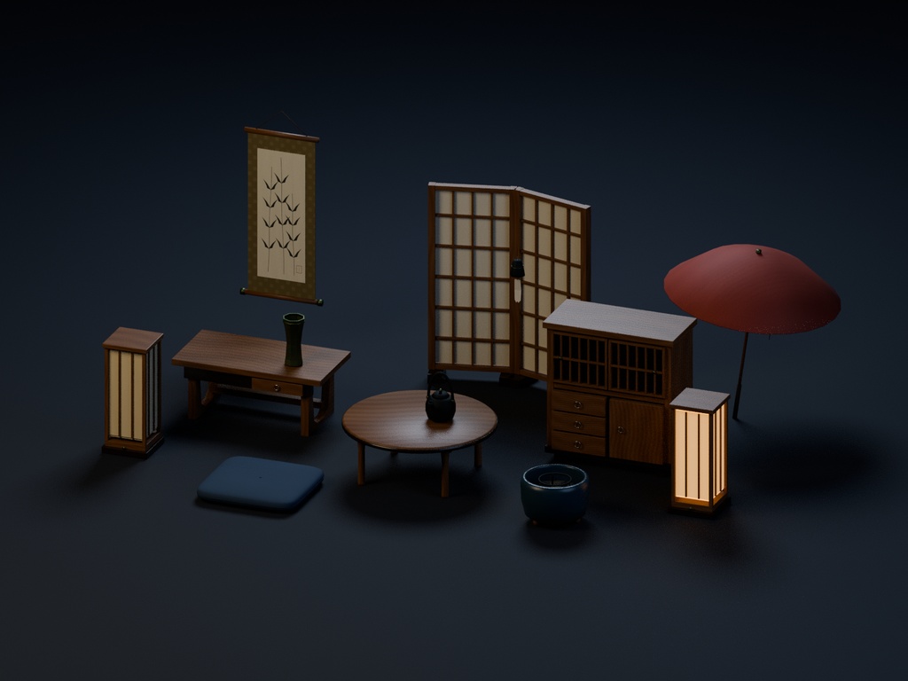 和室の小物パック 13種セット 4色カラバリ付き【ローポリ3Dモデル】