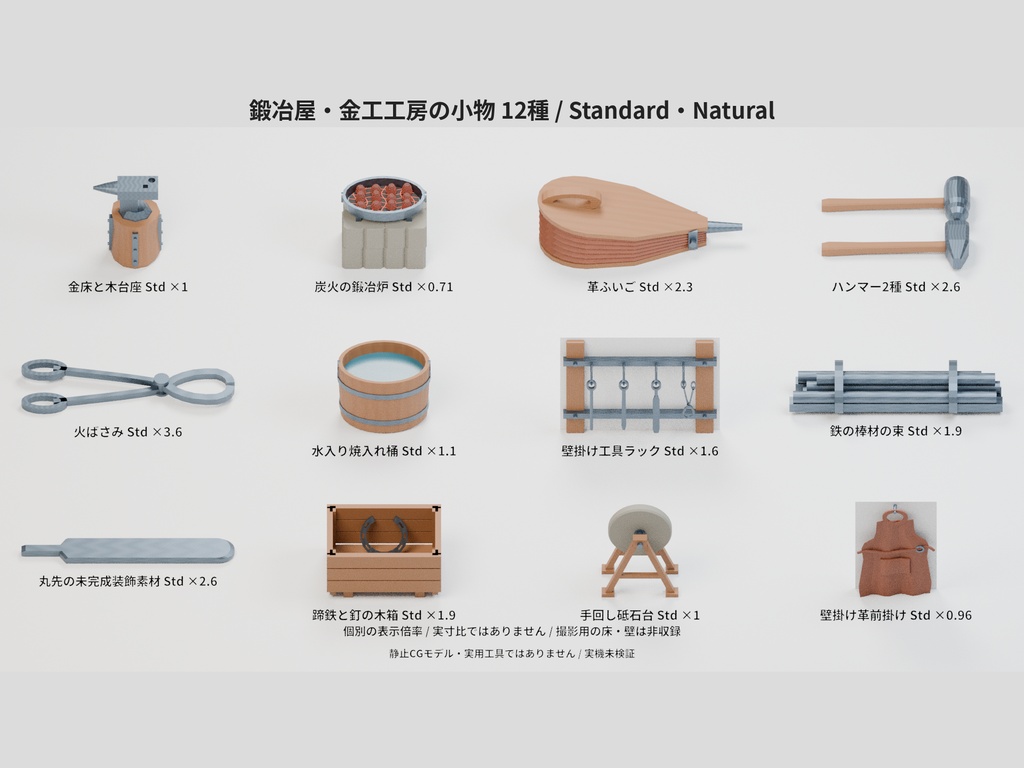 鍛冶屋・金工工房の小物パック 12種【ローポリ3Dモデル】